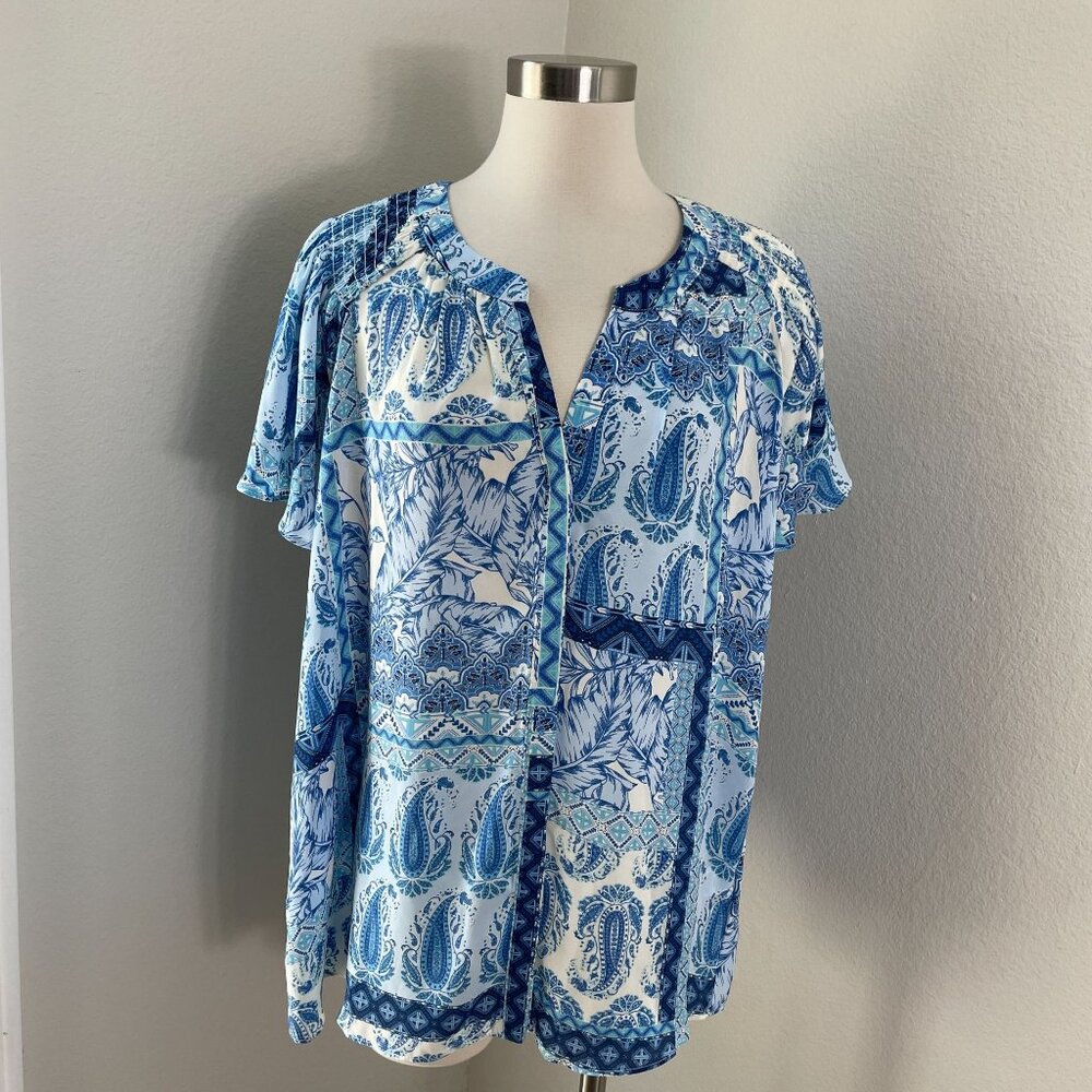 NEW Rose + Olive Womens Plus 2X Blue Paisley Short Flutter Sleeve Blouse Top